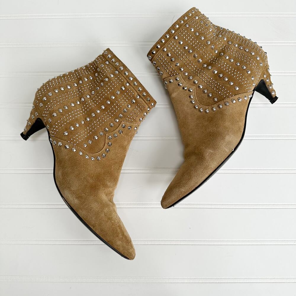 Saint Laurent Cat Ankle Bootie 50 Tan Suede Studded Heels Western Kitten